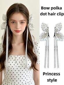 2pcs Girls' Sweet Princess Style Polka Dot 3D Bow Bangs Side Hair Clips - White - View 1