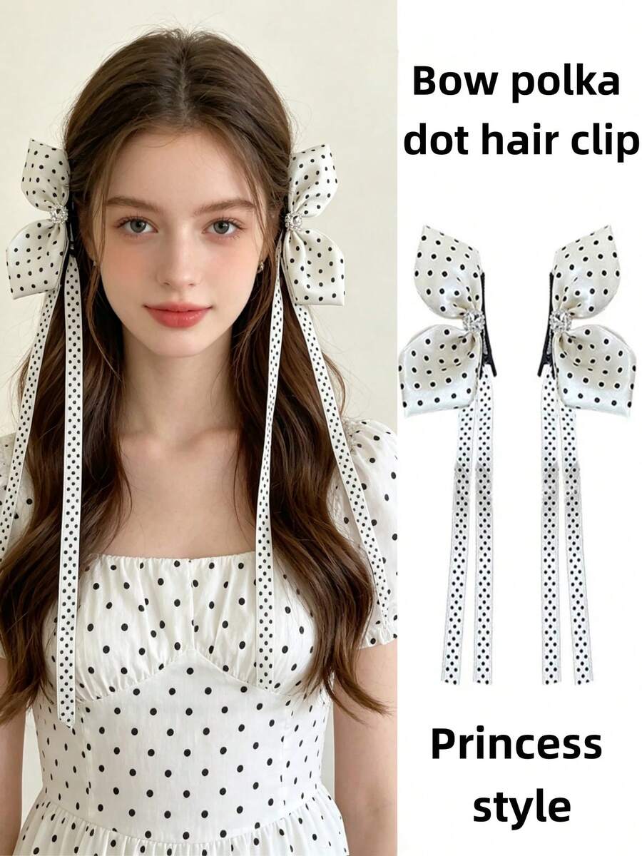 2pcs Girls' Sweet Princess Style Polka Dot 3D Bow Bangs Side Hair Clips - White - View 1