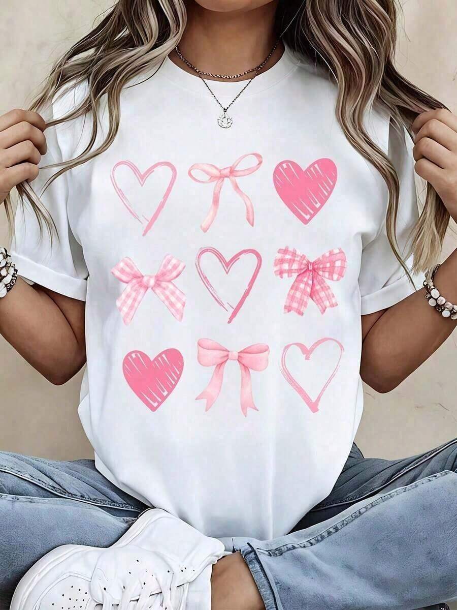 Camiseta con Estampado de Corazones y Lazos Rosados para Mujer, Top Casual de Moda, Diseño Bonito, Camiseta de Manga Corta para Verano - Blanco - Ver 1