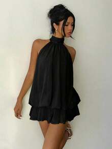 Vestido mini elegante de mujer con cuello halter y lazo en color amarillo claro - Negro 2 - Ver 7