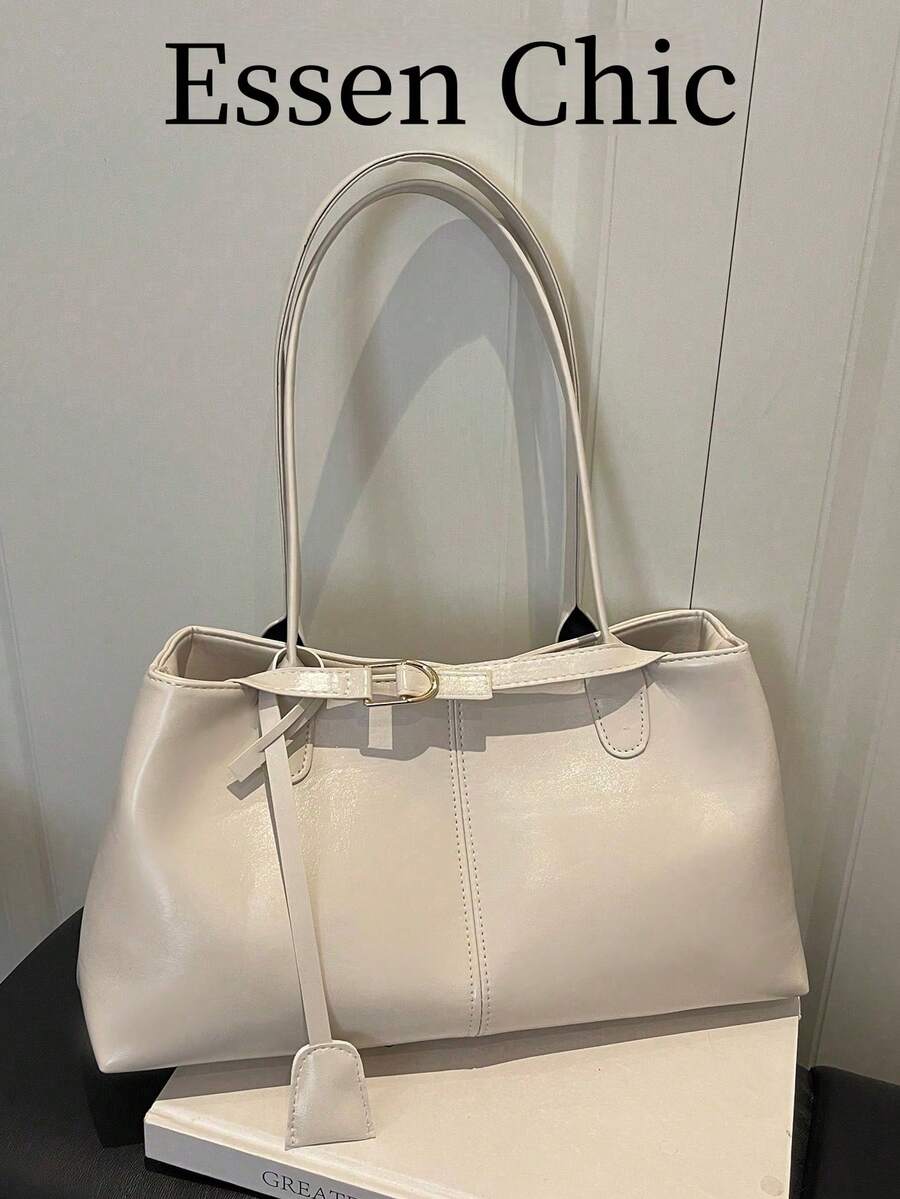 1pc White Strap Decor Large Capacity PU Patchwork Tote Bag, Women Shoulder Bag, Spring New Arrival