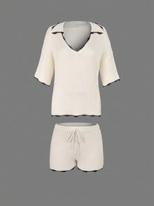 Women's Cream Waffle Texture Contrast Trim Short Sleeve Shorts Set, Beach Vacation Casual Summer Outfit - Milky White - View 6
