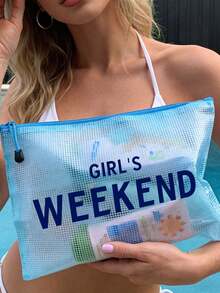 多色防水时尚网布沙滩包，印有“Glrl's Weekend”字样的彩色化妆包，沙滩主题。大容量透明化妆包，带尼龙拉链的洗漱包 - 轻便，可收纳防晒霜、零食、比基尼和沙滩必备品。春夏收纳，非常适合游泳和沙滩活动。 - 彩色 - 查看 5