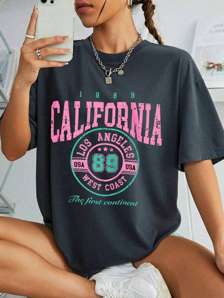 Nueva camiseta de manga corta con cuello redondo para mujeres, diseño estival, con un sencillo y moderno estampado de letras, transpirable y absorbe la sudoración. Envío exprés desde almacén local, modelo para parejas, ropa para parejas -- Camiseta casual versátil estampada -- Camiseta casual versátil estampada