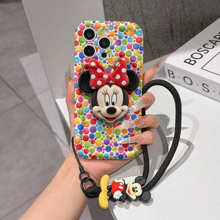 Disney Mickey Mouse Clubhouse Phone Case : 3D Fluffy Pattern Border Protector Phone Soft Phone Case With A Free Cute Mickey Bracelet Chain Lanyard, Mickey, Minnie, Goofy, Donald Duck, Daisy Duck, Pluto, For Apple 17 Promax 17 Pro 16 15 14 13 12 11 Pro Max XS Max X XR Soft Cover Summer Phone Case - 白色 - 查看 1