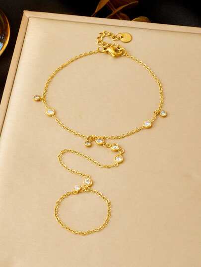 1pc Fashionable, Simple, Versatile, Diamond Set Round Accessories, Gold Plated Finger Back Chain Jewelry