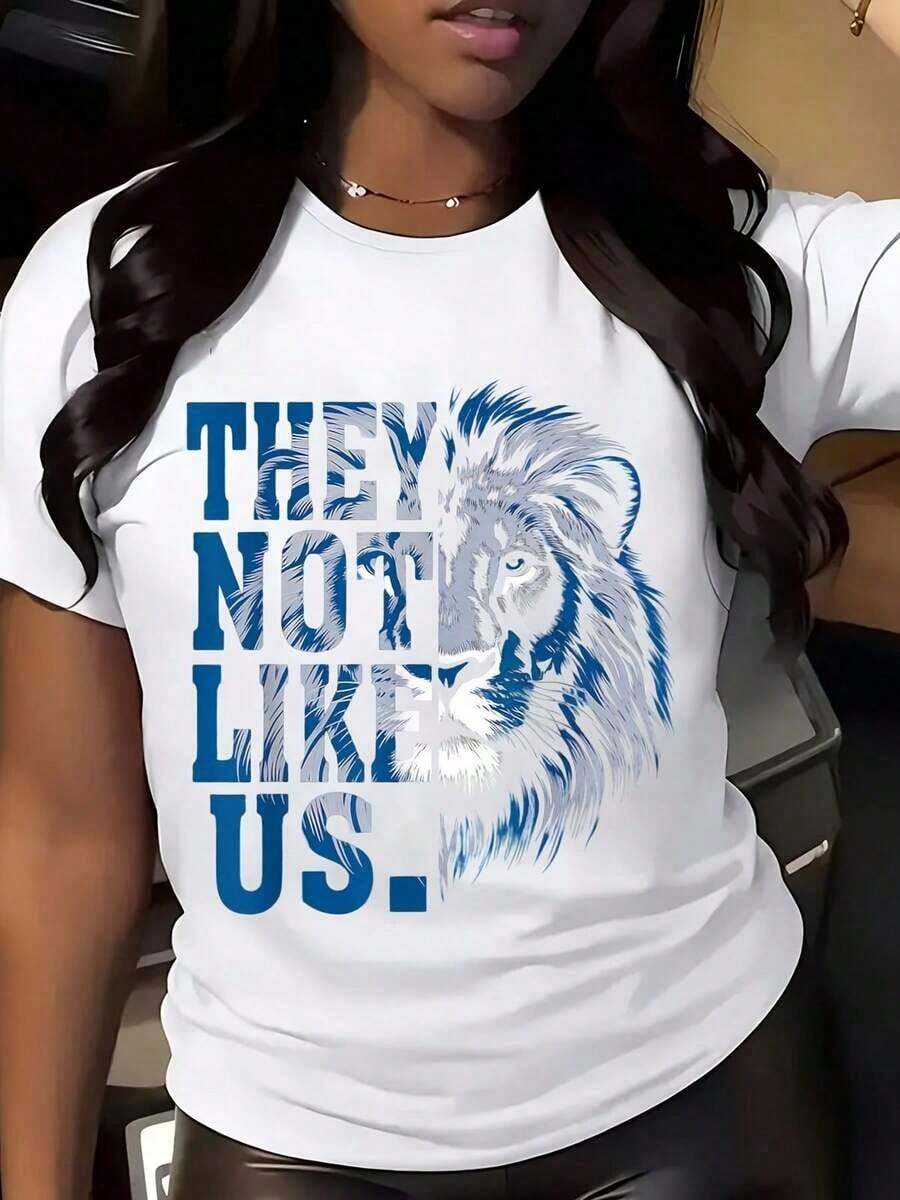 Fashionable T-Shirt With Black Lion Print "THEY NOT LIKE US" For Casual Wear - Unisex Vintage Urban Style, Loose Cotton Short Sleeve T-Shirt With Round Neck, 100% Cotton - 白色 - 查看 1