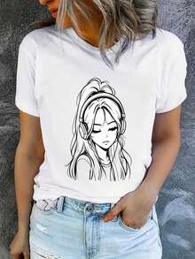 1 camiseta de verano para mujer de manga corta con estampado, moderna y casual, lavable a máquina, ajuste cómodo, estampado plano 2D, 180g, 100% algodón. - Blanco_05 - Ver 7