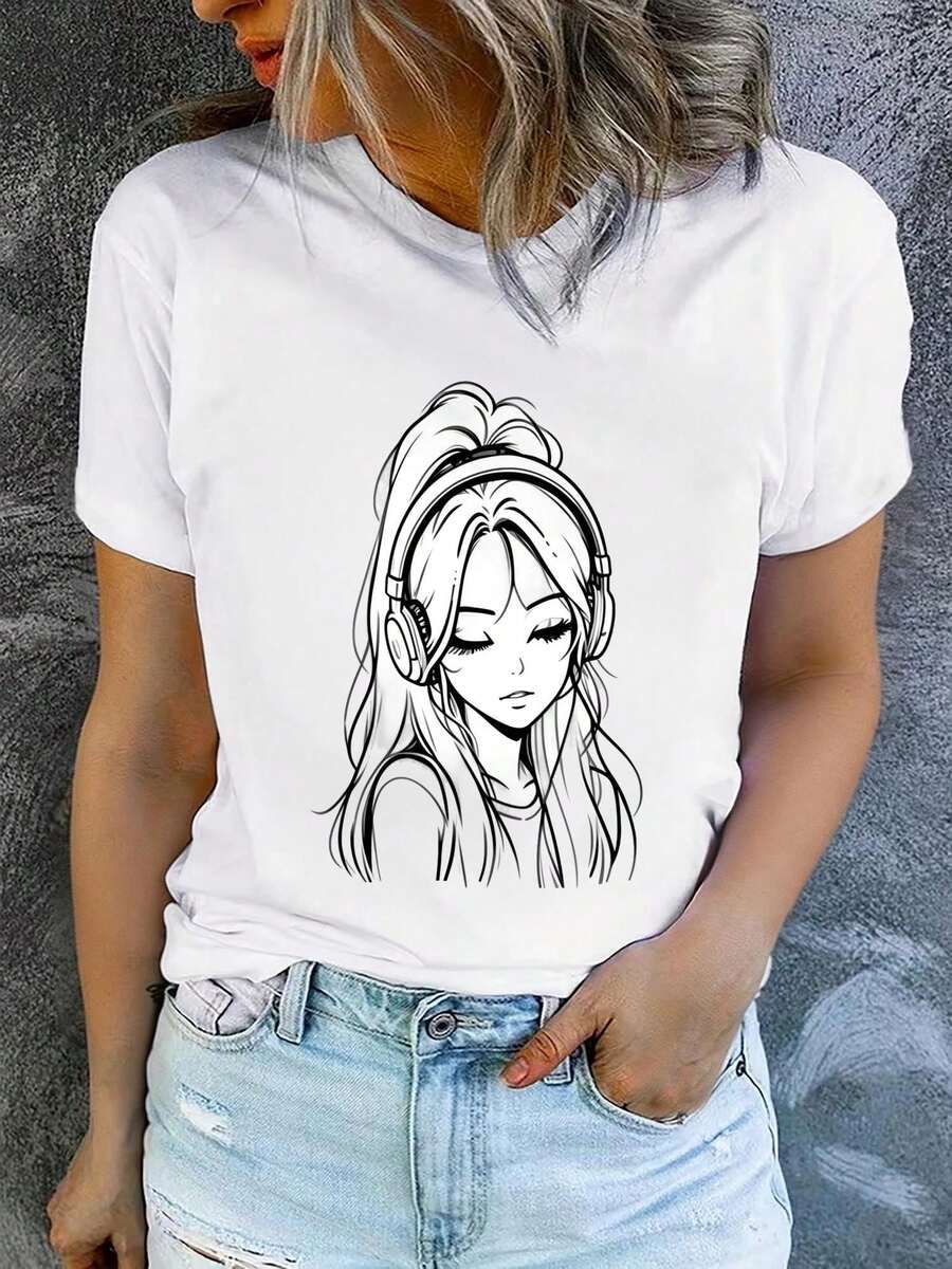 1 Women's Summer Short Sleeve T-Shirt With Print, Modern And Casual, Machine Washable, Comfortable Fit, 2D Flat Print, 180g, 100% Cotton. - 白色_06 - 查看 1
