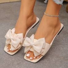 Mẫu mới năm 2026: Sandal xỏ ngón cổ điển có nơ, kiểu dáng thời trang, đa năng, đế bằng, một quai, thích hợp cho mùa xuân/hè. - Màu be - Xem 3