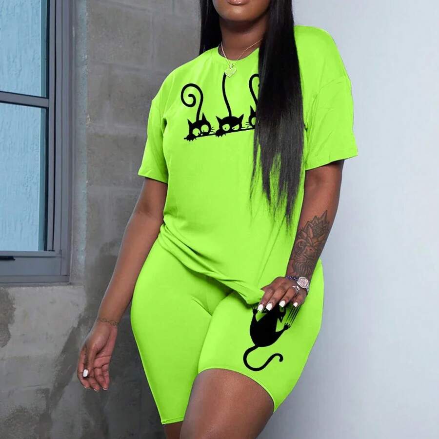 Conjunto de Dos Piezas de Ropa Casual de Verano para Mujer, Camiseta de Manga Corta con Cuello Redondo y Pantalones Cortos, Conjuntos Combinados en Oferta - Verde - Ver 1