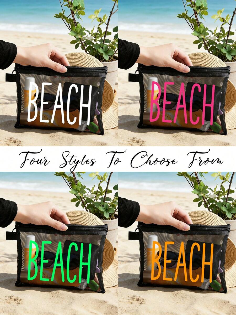沙滩图案网眼化妆包,便携式化妆包,可装口红、粉扑等,大容量透明化妆包,尼龙拉链化妆袋,轻便,可装防晒霜、零食、比基尼和沙滩必备用品。沙滩主题化妆包,透明大容量旅行化妆品收纳包。 - 彩色 - 查看 1