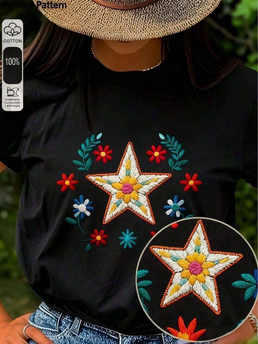 Mexican Colorful Floral Festival Letter Print T-Shirt, Casual Short Sleeve Round Neck Top For Women - 1 - 查看 1