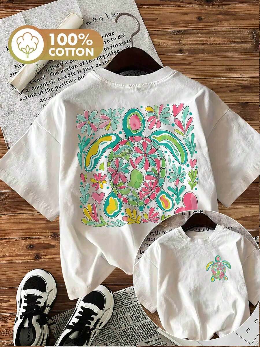 Graphic Print T-Shirt | Women's Casual Short-Sleeve Crew Neck Top With Turtle And Flower Print For Summer And Spring - White - View 1