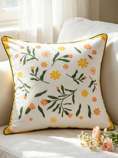 1pc Orange Yellow Ditsy Floral Spring Fresh Print Throw Pillow Cover, Soft Decorative Cushion Cover For Sofa, Living Room, Bedroom, Camping, Travel, Car, 45*45cm/17.71*17.71 Inches, Pillow Insert Not Included