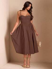 Elegante vestido largo sin mangas con manga abultada para mujer, adecuado para citas diarias, salidas, discotecas, fiestas, temporada de otoño - Marrón - Ver 5