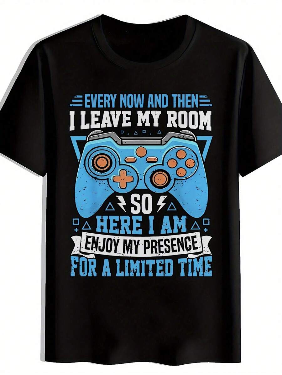 Camiseta con estampado de mando de videojuegos azul, verano, versátil, atlética, camiseta de moda, top de manga corta con cuello redondo, ropa casual para uso diario, ropa de hombre - Negro - Ver 1