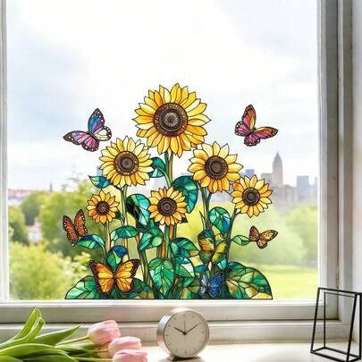 1/4 piezas Pegatinas de ventana de vidrio vintage de verano. Diseño de girasoles, tulipanes y mariposas de colores. Calcomanías removibles y sin adhesivo para decorar la puerta de vidrio de la sala de estar, el dormitorio y la cocina, papel tapiz artístico para decoración del hogar.