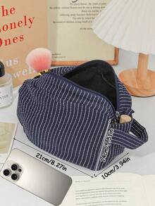 Classic Striped Large Capacity Handheld Makeup Bag, Dark Color Zipper, Skincare Products Travel Organizer Pouch Travel Essentials For Holiday Vacation Makeup Organizer Travel Bag For Women Make Up Bag VA05 - Navy Blue - View 8