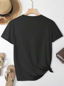 Camiseta Casual de Verano para Mujer 2026 con Estampado de Lema, Cuello Redondo y Manga Corta, Camisetas Gráficas para Mujer - Negro - Ver 2