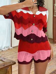 2pcs Y2K Autumn Outfit Set - Women Red Striped Contrast Hollow Lapel Button Cropped Short Sleeve Crochet Knit Crop Top And Shorts, Casual Daily Wear Summer - Red - View 6