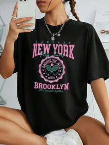 Camiseta de Mujer de Manga Corta con Cuello Redondo, Estampado de Letras, Estilo Simple y Moderno, Casual, Cómoda y Adelgazante, Nueva Colección Primavera/Verano 2026una camiseta estampada muy distintiva / estilo unisex / adecuada tanto para hombres como para mujeres / resistente a las arrugas / transpirable - Negro - Ver 8