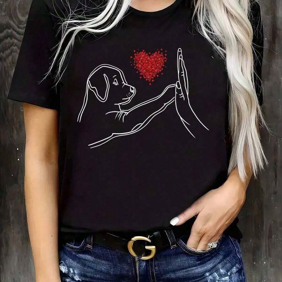 1 pcsCamiseta Negra para Mujer con Estampado de Perro y Corazón Dibujo a Mano Diseño de Amor entre Humano y Mascota Estilo Casual Moderno para Mujeres180g 100% Cotton - Negro - Ver 1