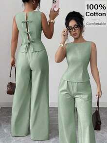 Conjunto de 2 piezas elegante con camiseta de tirantes con detalle retorcido en la espalda y pantalones de pierna ancha de unicolor para mujer - verde menta - Ver 1