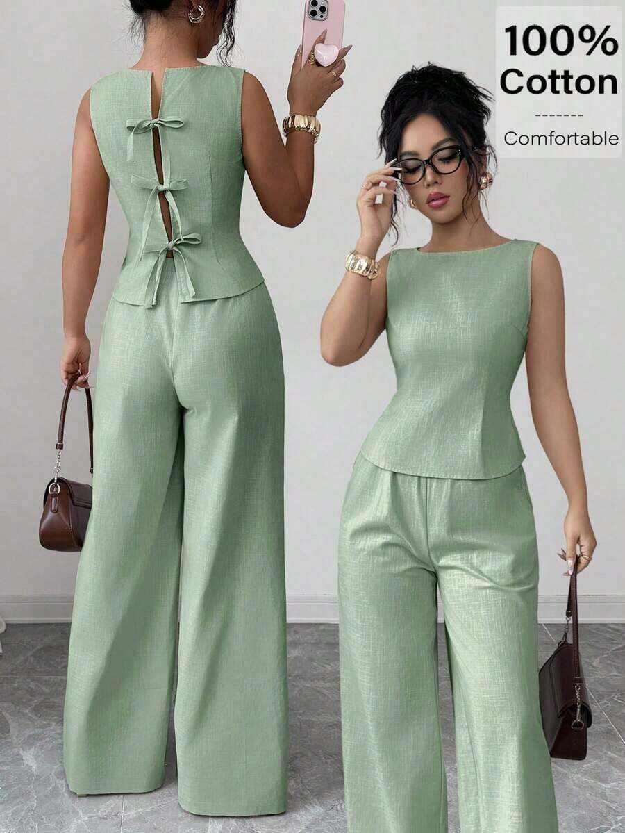 Conjunto de 2 piezas elegante con camiseta de tirantes con detalle retorcido en la espalda y pantalones de pierna ancha de unicolor para mujer - verde menta - Ver 1