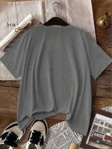 Camiseta Casual de Manga Corta con Cuello Redondo y Estampado Gráfico de Mujer Levantando Pesas en el Gimnasio - Gris - Ver 2