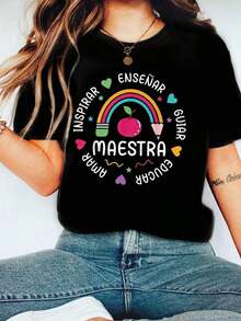 Camiseta gráfica de mujer de manga corta, cuello redondo, casual para primavera/otoño/verano, con eslogan educativo de corazón de manzana arcoíris, para el Día de San Valentín/regreso a la escuela, color blanco - Negro - Ver 4