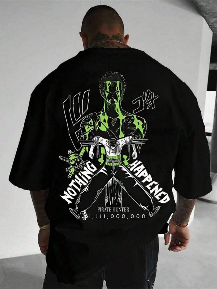 Men's Plus-Size T-Shirt, Made With A Breathable Design. This Black T-Shirt Features A Pirate Hunter Graphic Along With The Phrase 'Nothing Happened' And A Green Character Design. Loose And Comfortable For Summer. - Black - View 1
