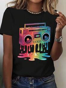 Plus Size, Colorful Text With The Word "Smile" And The Letter "I" Designed As A Yellow  Face Pattern. New Women's Short Sleeve Summer T-Shirt, Casual And Fashionable Printed T-Shirt For Women, Stylish Women's Clothing - 黑色 - 查看 1