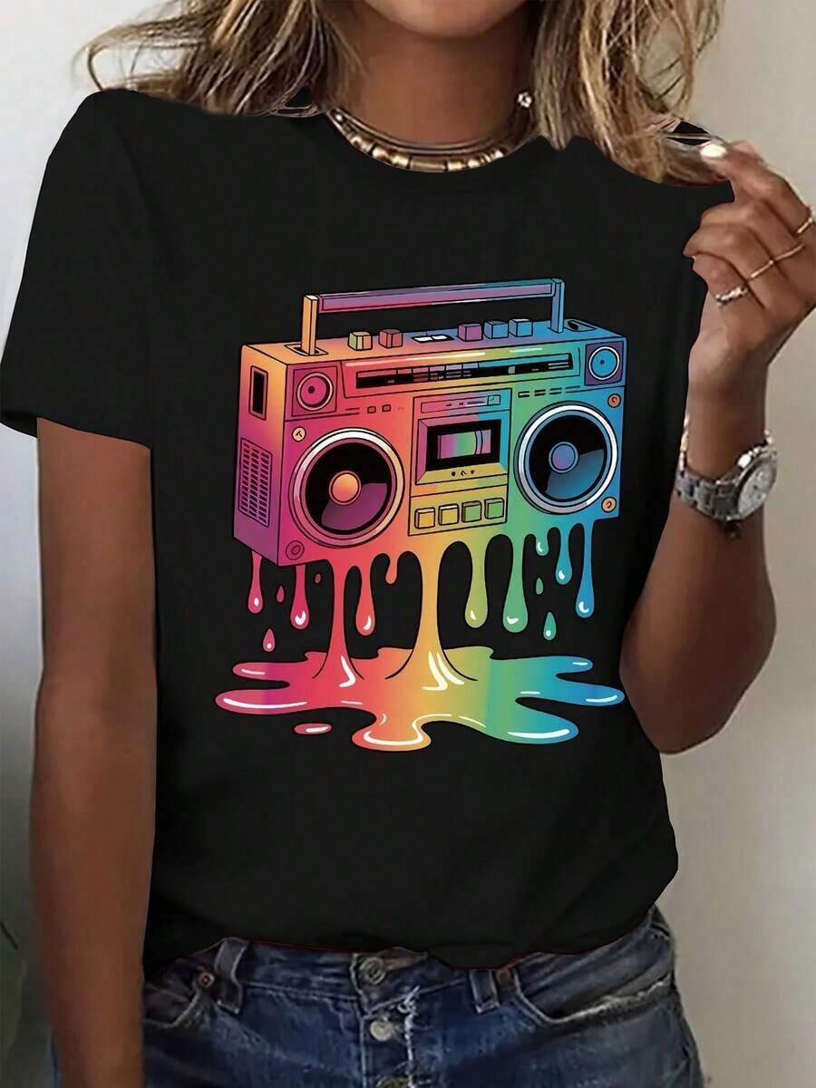Plus Size, Colorful Text With The Word "Smile" And The Letter "I" Designed As A Yellow Face Pattern. New Women's Short Sleeve Summer T-Shirt, Casual And Fashionable Printed T-Shirt For Women, Stylish Women's Clothing - 黑色 - 查看 1
