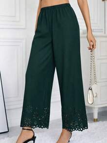 Women's Fashion Versatile Lace Sheer Hem Casual Pants - Green - View 2