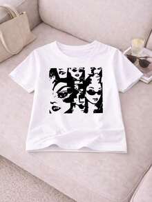 Paquete Prenda individual, no un conjunto de 3 piezas, 1 piezas/set de camisetas de manga suitable for streetwear, Top oversized cuello redondo daily outings, camping, concerts, hip-hop, rock, and rap events Mujer Estilo Urbano Estampado Variado Vintage Retro Glowing Collage Rostros Versátil Letras - Blanco - Ver 2