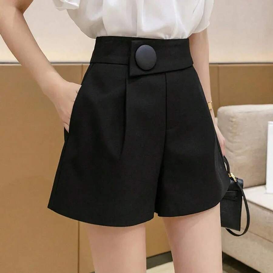 Pantalones cortos de verano de talla grande para mujer, de moda, de pierna ancha, de cintura alta, estilo traje, que cubren l... - Negro - Ver 1