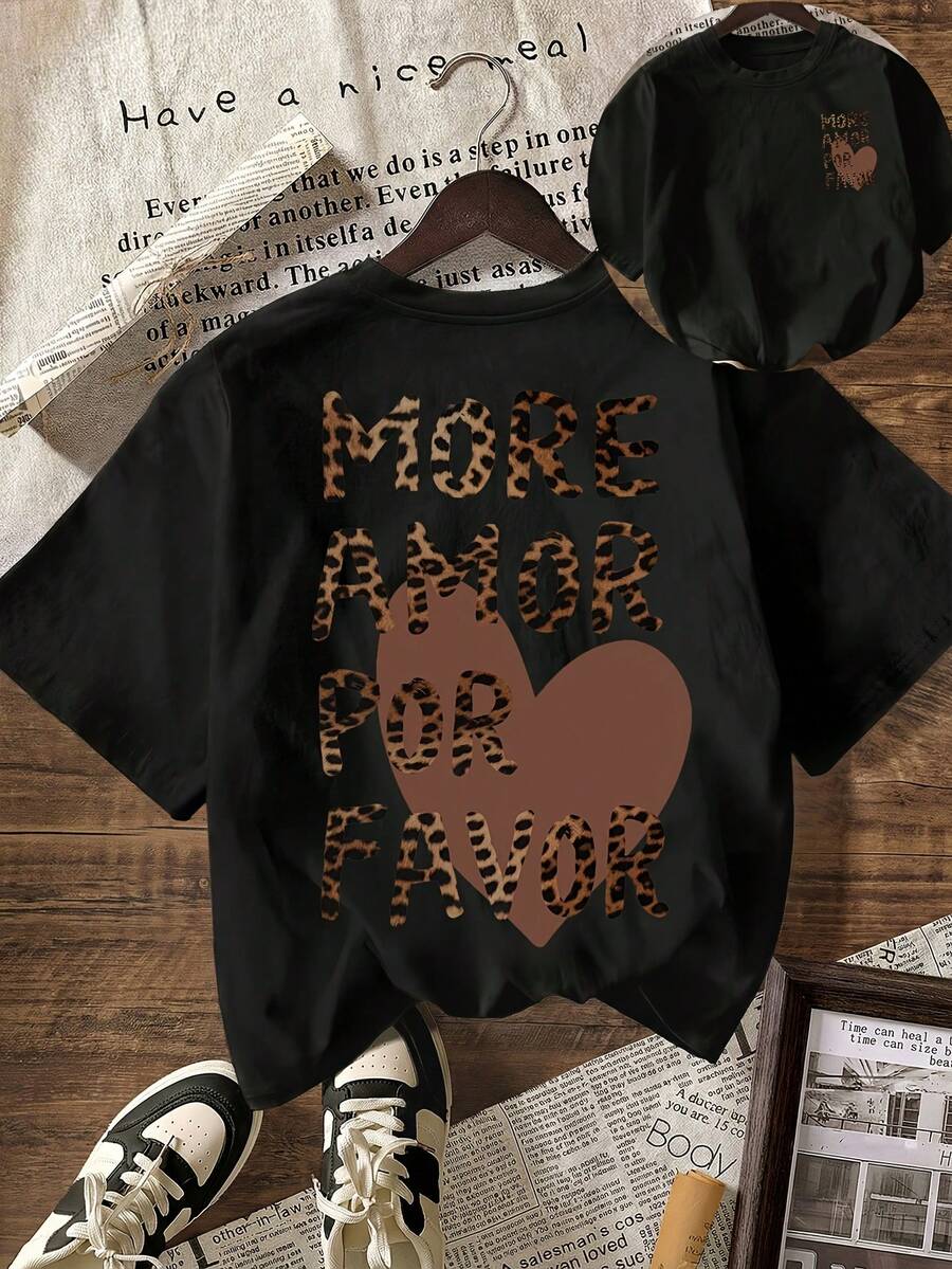 Leopard Print "More Love For Love" Brown Heart Graphic T-Shirt, Summer Outfit For Women, Holiday Outfits, Women's Casual Round Neck Short Sleeve T-Shirt, Summer - Black - View 1