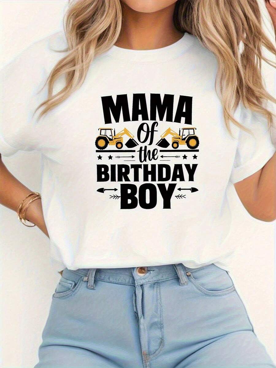 Camiseta gráfica para mujer "Mamá del Cumpleaños" - Estampado de excavadora y estrellas, top casual de cuello redondo, camiseta transpirable de manga corta para primavera/verano, camiseta lavable a máquina para celebración de cumpleaños, camisetas de cumpleaños, camiseta de moda primaveral, diseño divertido, material elástico, camiseta estampada, guardarropa de verano, atuendo primaveral, ajuste cómodo, camiseta para mamá, atuendo para mamás. - Blanco - Ver 1
