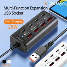 WOWSSYO 黑白多功能延长线充电器 8 合 1 集线器 25W 黑/白适配器 4 个 USB 端口 + 4 个 Type-C PD 快充端口 电源集线器 快速充电 Type-C 多功能插头/多输出端口 USB 适配器 USB-C 集线器 USB 集线器/多端口集线器 兼容笔记本电脑、手机、平板电脑和其他设备 女士节礼物 - 彩色 - 查看 8