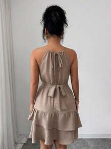 Vestido mini ajustado y acampanado sin mangas, elegante, de color caqui, con lazo de cuentas para mujer, para primavera/verano - Caqui - Ver 2