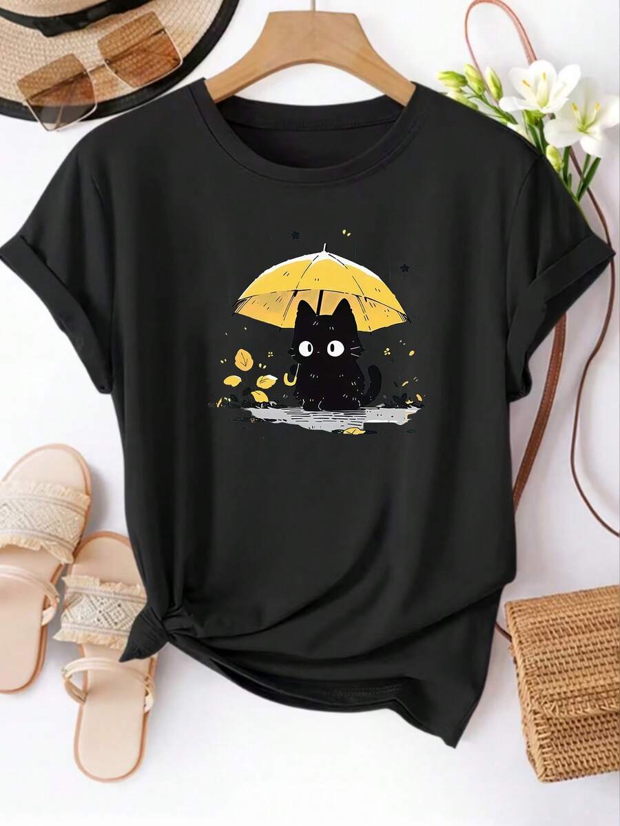 Short-Sleeved T-Shirt With Cat And Yellow Umbrella Print, Round Neck Top For Women, Casual T-Shirt, Suitable For Daily Wear In Spring/Summer, Women's Clothing - Lightweight. - 黑色 - 查看 1