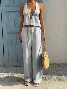 SunnyBelle 2 piezas Conjunto de mujer con rayas azules y blancas: Top halter sin espalda de cuello en V profundo de algodón y pantalones anchos de cintura alta con cordón, look casual de moda para vacaciones y uso diario, primavera/verano - Gris - Ver 5