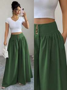 Nuevos pantalones anchos de mujer de estilo casual y elegante con diseño de hebilla floral, pantalones largos de lino de color caqui adecuados para primavera/verano, Acción de Gracias, Halloween, pantalones anchos y sueltos versátiles, pantalones - Verde - Ver 1