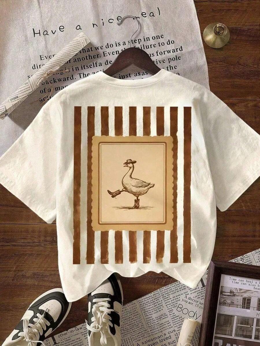 Camiseta Vintage con Estampado de Ganso Bailando a Rayas, Camiseta Casual de Manga Corta con Cuello Redondo para Mujer para Primavera Verano, 100% Algodón, blusas de mujer, camisetas de mujer algodón - Albaricoque 1 - Ver 1