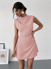 Vestido mini plisado de línea A con volantes, elegante, minimalista, delicado, romántico, para uso diario, viajes, boda, fiesta, festival de música, vacaciones, color rojo - Rosa vieja - Ver 2