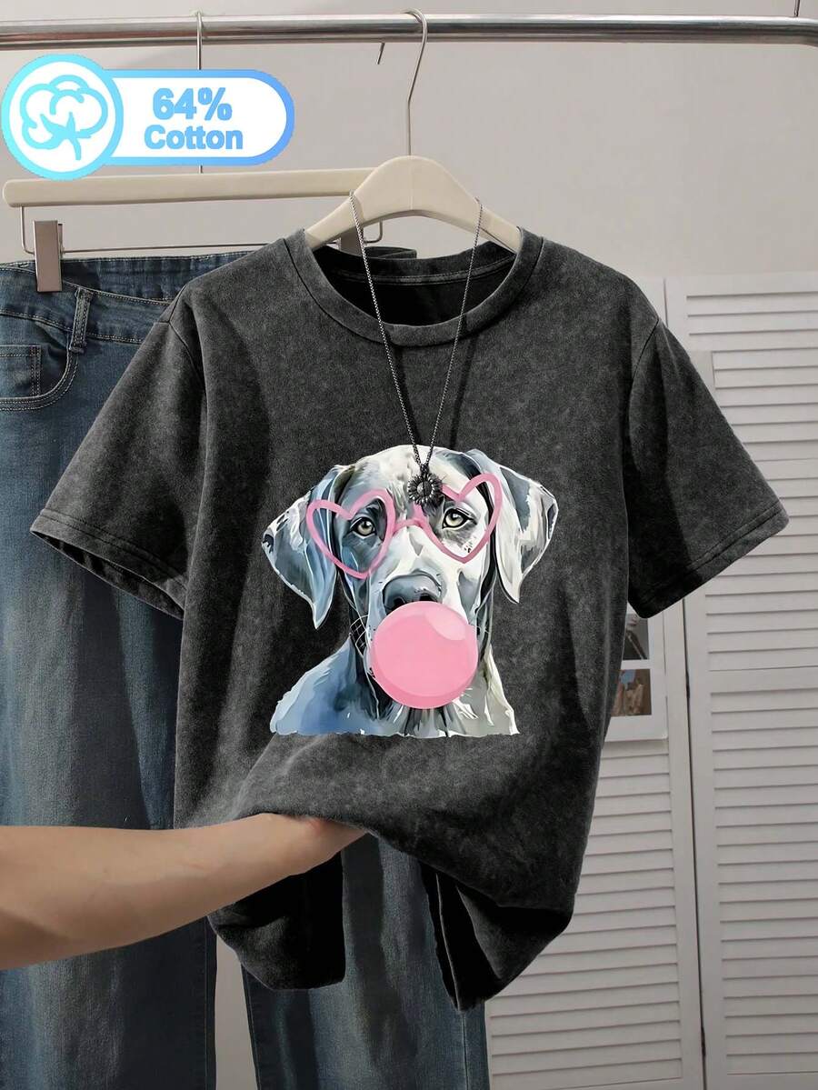 Plus Size Women's Cotton Crew Neck Acid Wash T-Shirt, Fashionable Summer Versatile Short Sleeve, Printed With Dalmatian Pattern. Casual - Black - View 1