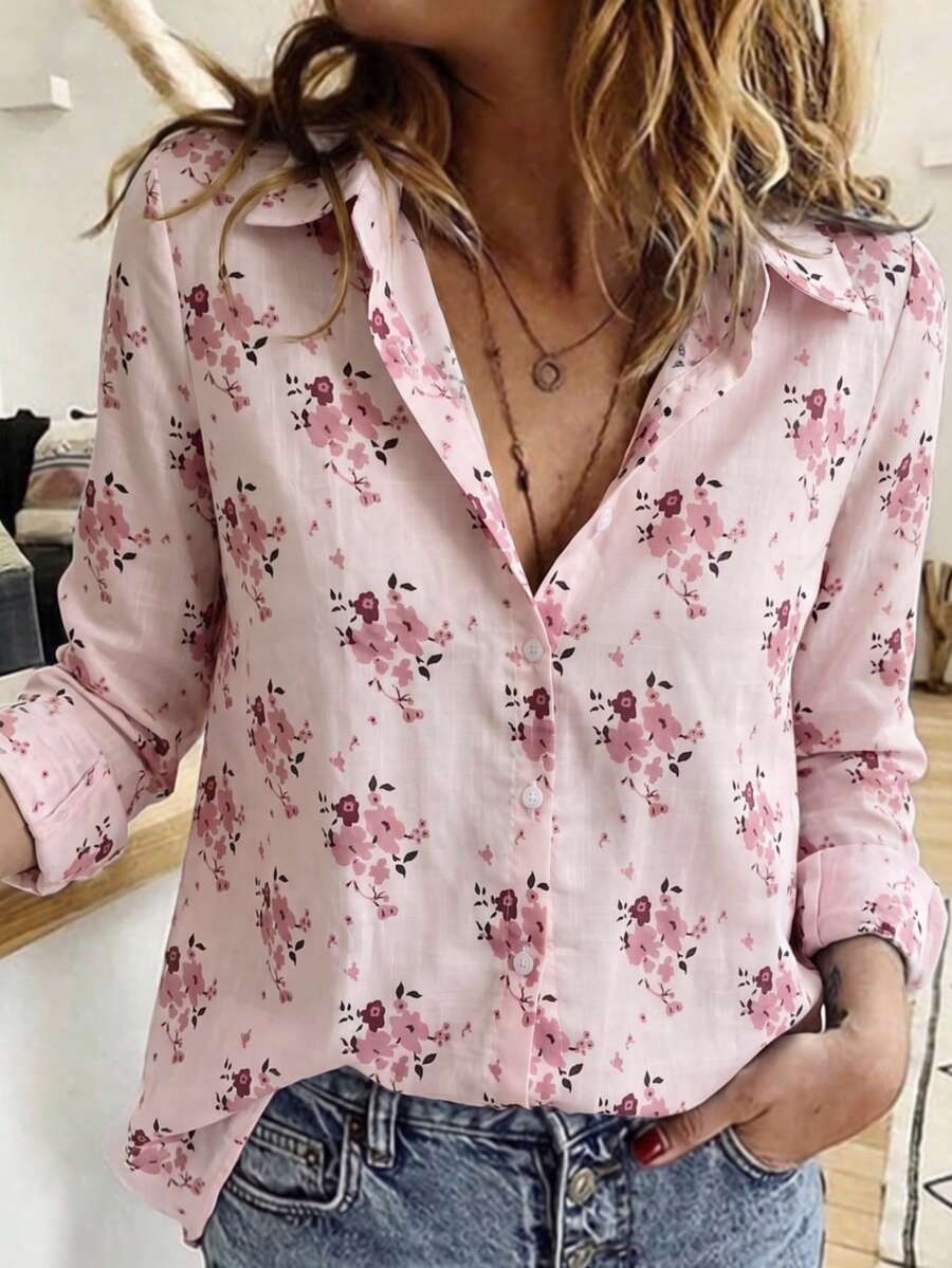 Camisa con botones y estampado floral elegante para mujer, blusa casual, camisa de manga larga de moda para primavera y otoño, color rosa - Rosa - Ver 1