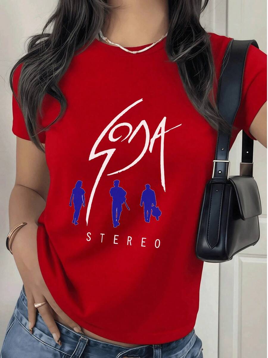 Women's T-Shirt With Soda Stereo Print, Casual And Modern Design, 100% Soft And Breathable Cotton, Ideal For Any Occasion. - 紅色的 - 查看 1
