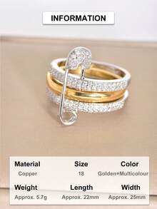 1pc Luxury 3-Layer Rhinestone Brooch Ring, 24K Gold Plated Copper Zirconia Multi-Circle Ring, Dual-Tone Stackable Design Women's Finger Ring, Versatile For Party And Daily Wear - Pin Style - View 14